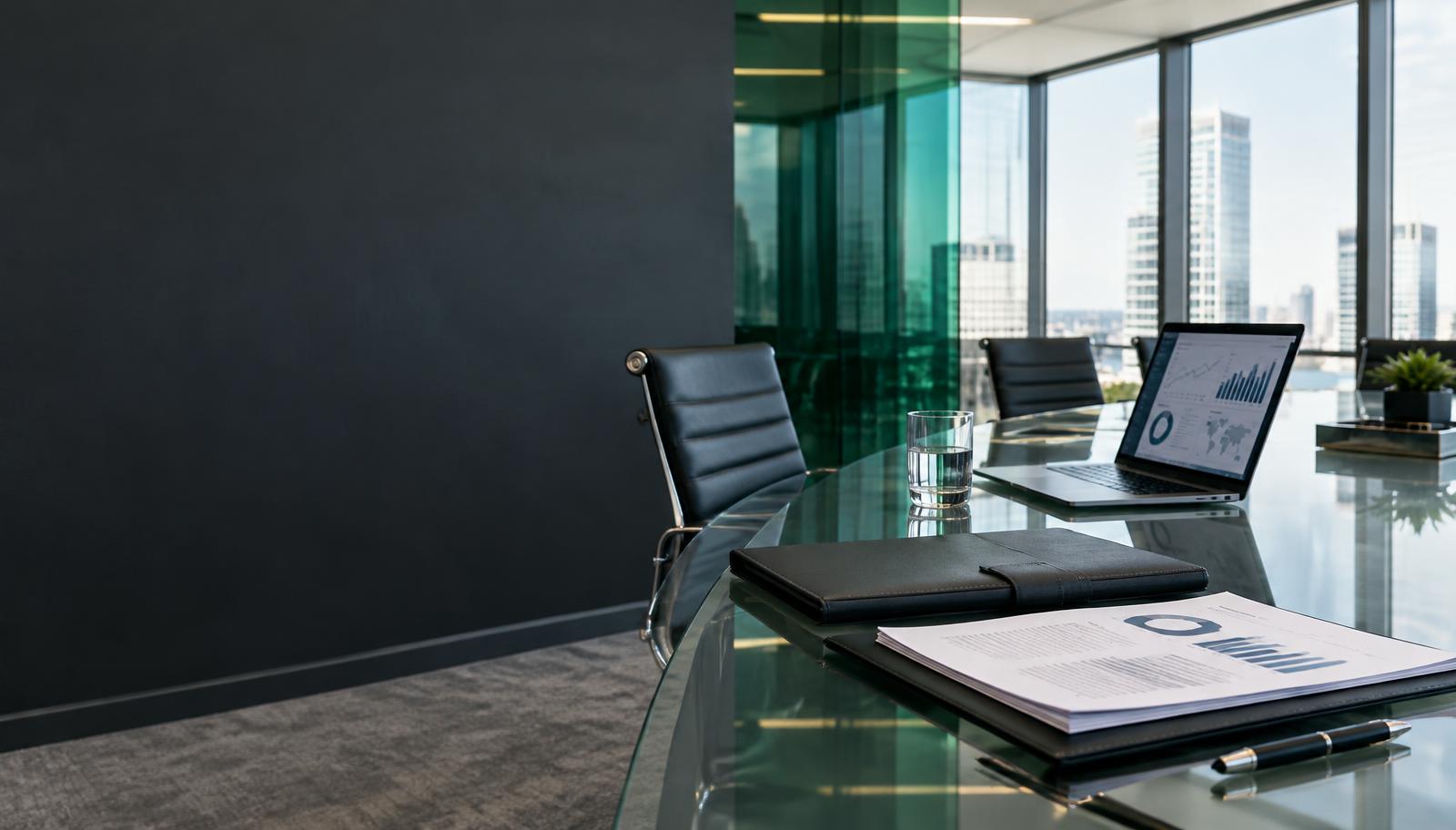 Executive boardroom with governance documents and analytical reports